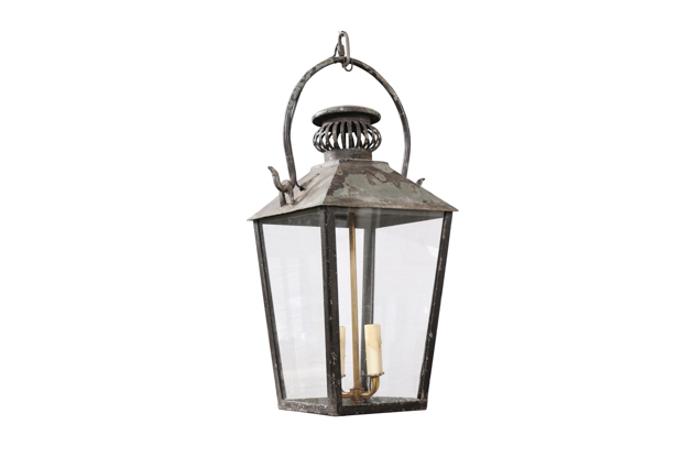 French Turn of the Century Iron and Glass Four-Lights Wired Lantern