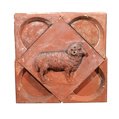 French 1880s Red Terracotta Panel Depicting a Ram on a Quadrilobe