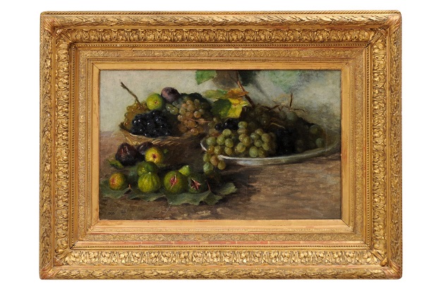 French Framed Oil on Canvas Painting Depicting Grapes and Figs, circa 1875