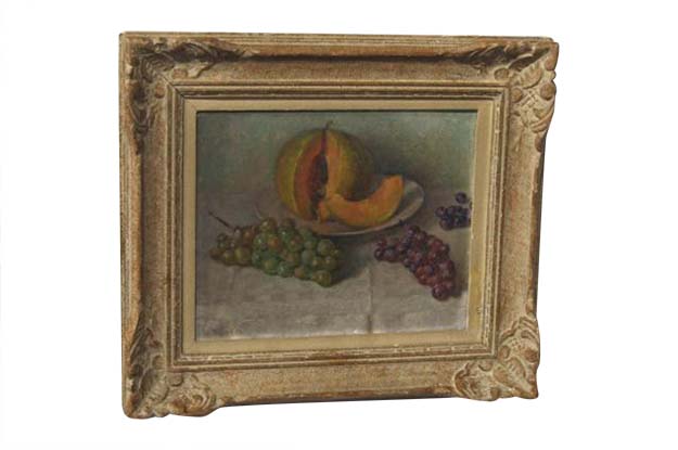 French 19th Century Framed Oil on Panel Painting of Fruit and Melon