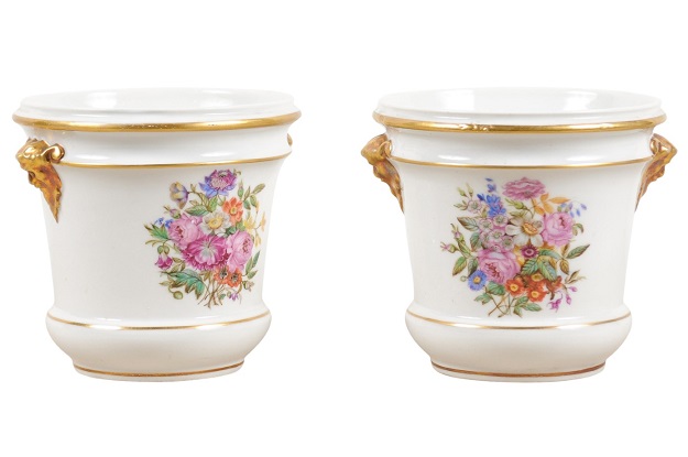 Pair of French Late 18th Century Paris Porcelain Cachepots with Floral Décor