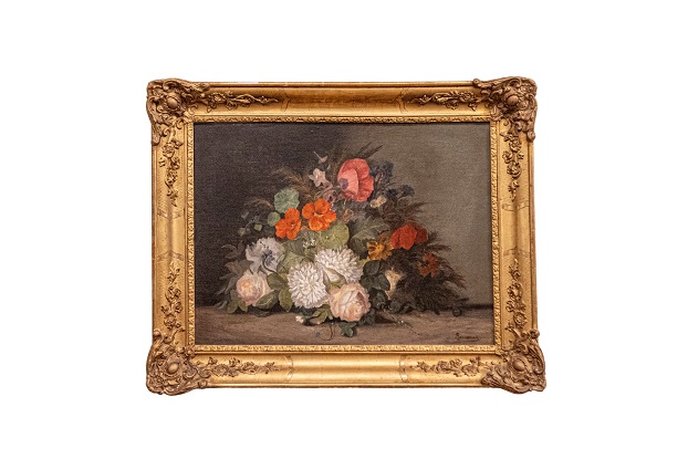 19th Century French Floral Painting Signed Philippe Rousseau in Giltwood Frame
