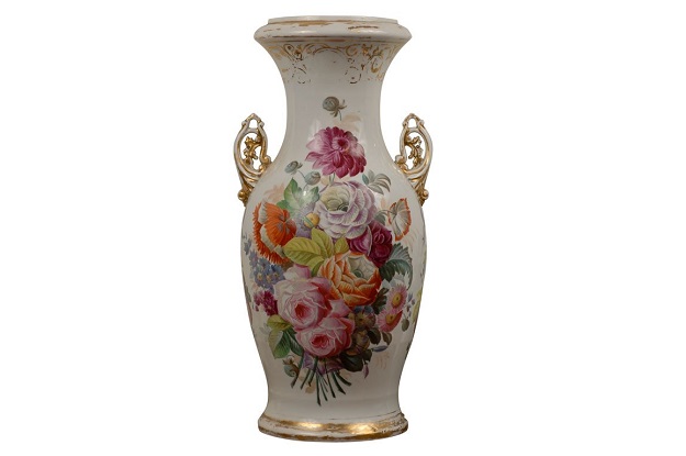 French Napoleon III 19th Century Hand-Painted Porcelain Vase with Floral Décor