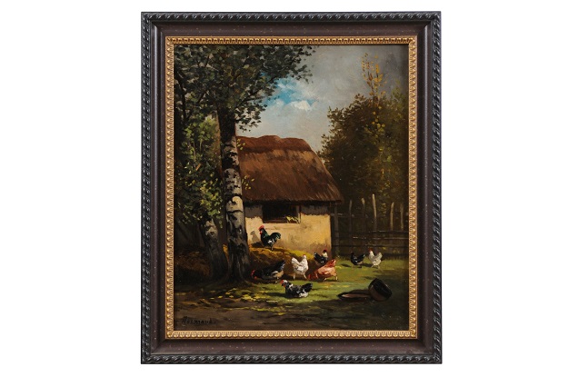 French 19th Century Oil on Canvas Painting Depicting Roosters in a Barnyard