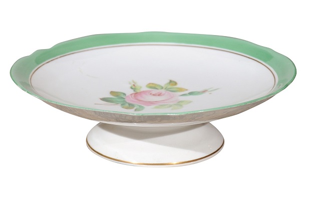 English Victorian 1880s Floral Compote with Pink Roses, Green and Gold Trim