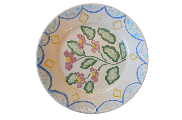 Portuguese Early 20th Century Painted Clay Floral Plate from Sao Pedro do Corval