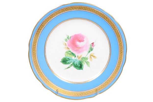 English Turquoise and Gilt 19th Century Pink Rose Painted Faience Dessert Plate
