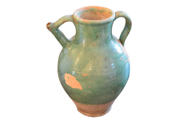 French Provincial 19th Century Distressed Green Glazed Pottery Jug with Spout - LNG