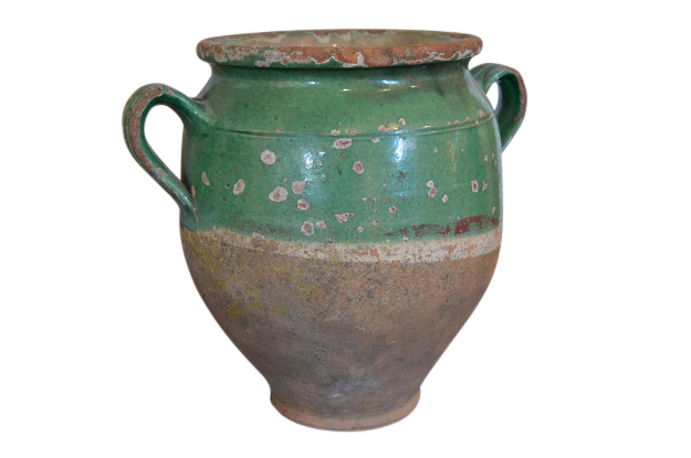 SOLD - 19th Century French Provincial Green Glazed Pottery Confit Pot with Two Handles