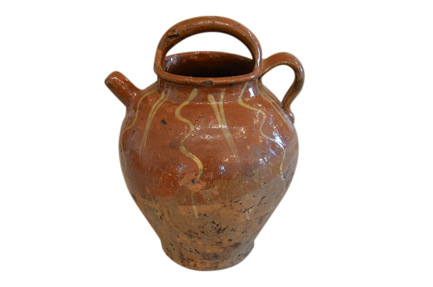 Rustic French Glazed Terracotta 19th Century Oil Jug with Distressed Appearance