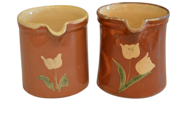 French 19th Century Redware Pitchers with White Flower Decor, Sold Individually, One Available.