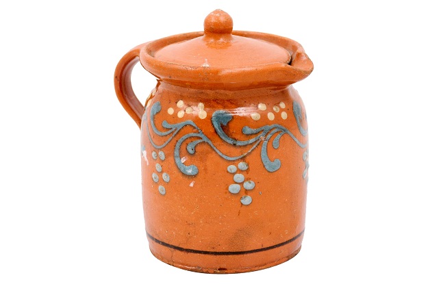 French 19th Century Pottery Pitcher with Orange and Blue Glaze and Foliage Motif