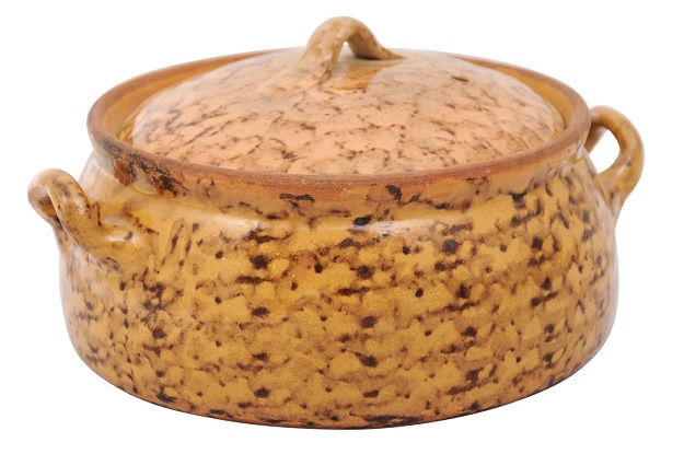 French 19th Century Pottery Covered Baking Dish with Brown Blotched Glaze