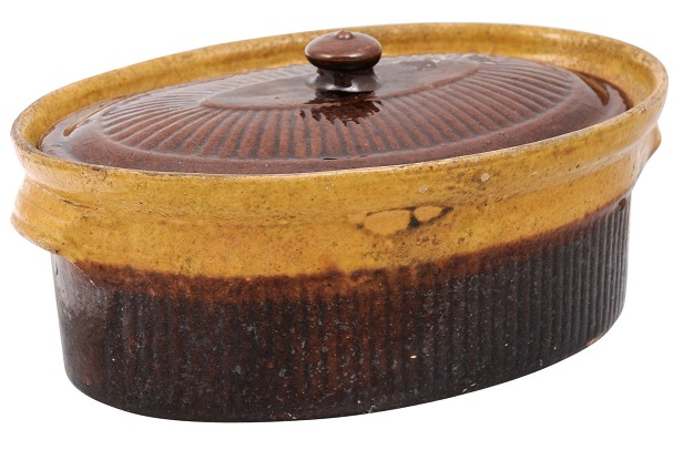 Rustic French 19th Century Covered Pâté Terrine with Brown and Gold Glaze