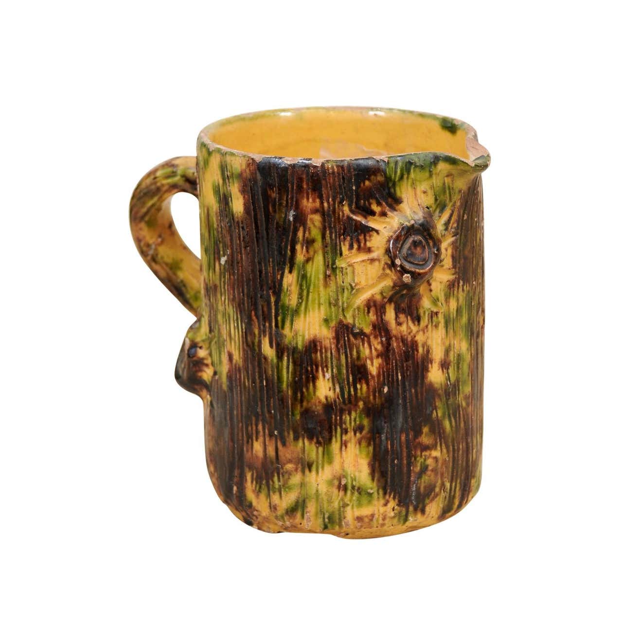 French Brown Glazed Pottery Pitcher with Yellow and Green Textured Accents