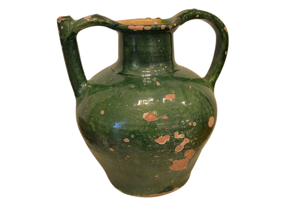 French Provincial 1850s Distressed Green Glazed Pottery Olive Oil Jug