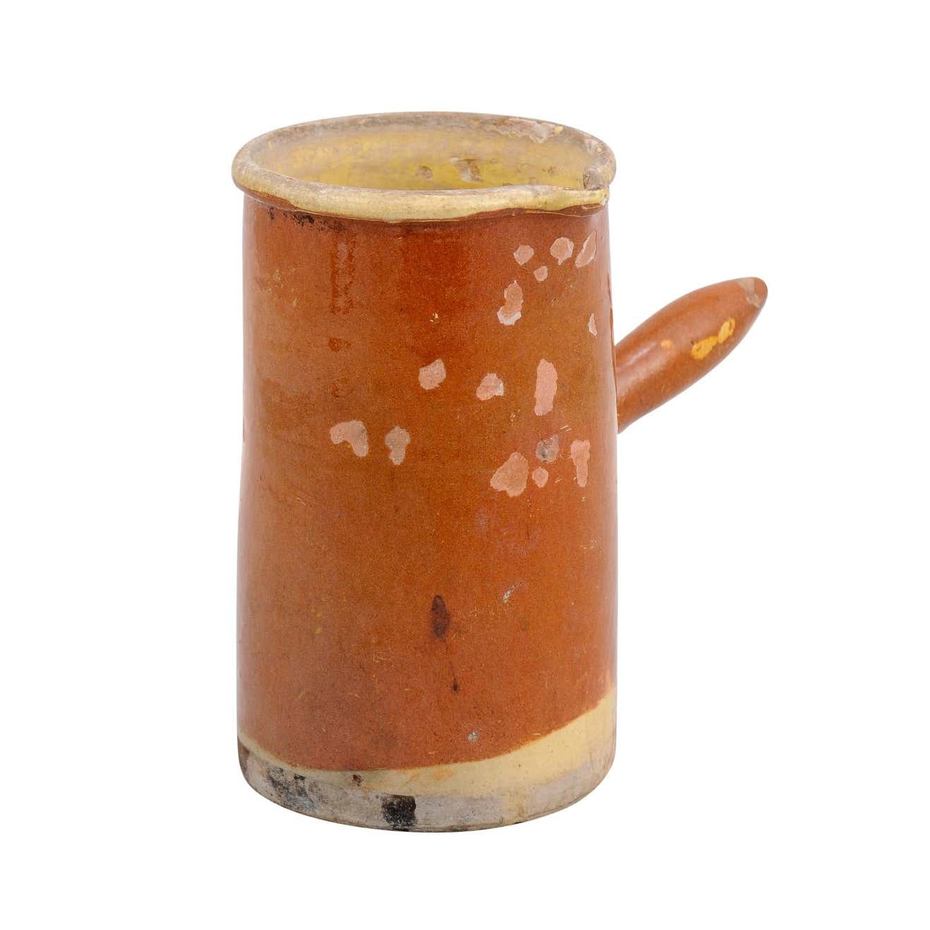 French 19th Century Rustic Pitcher with Rust Colored Glaze and Straight Handle