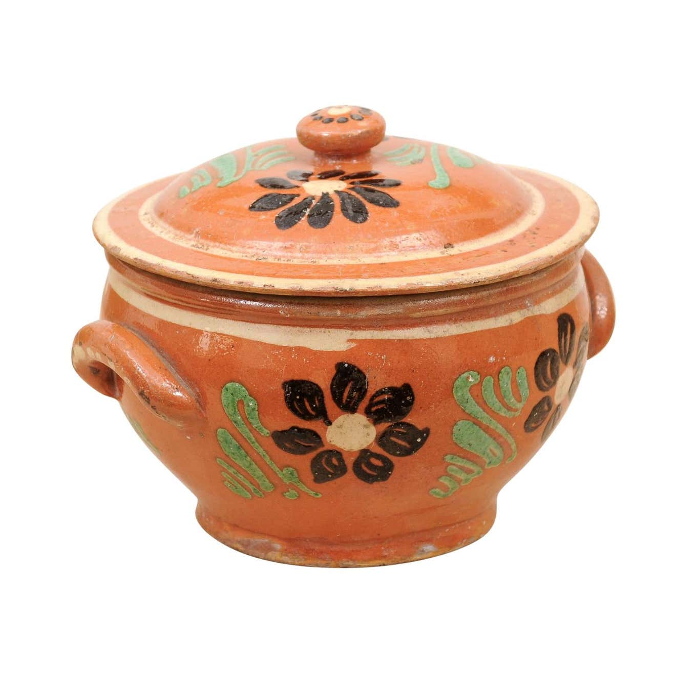 Rustic French 19th Century Glazed Terracotta Covered Baking Dish with Flowers