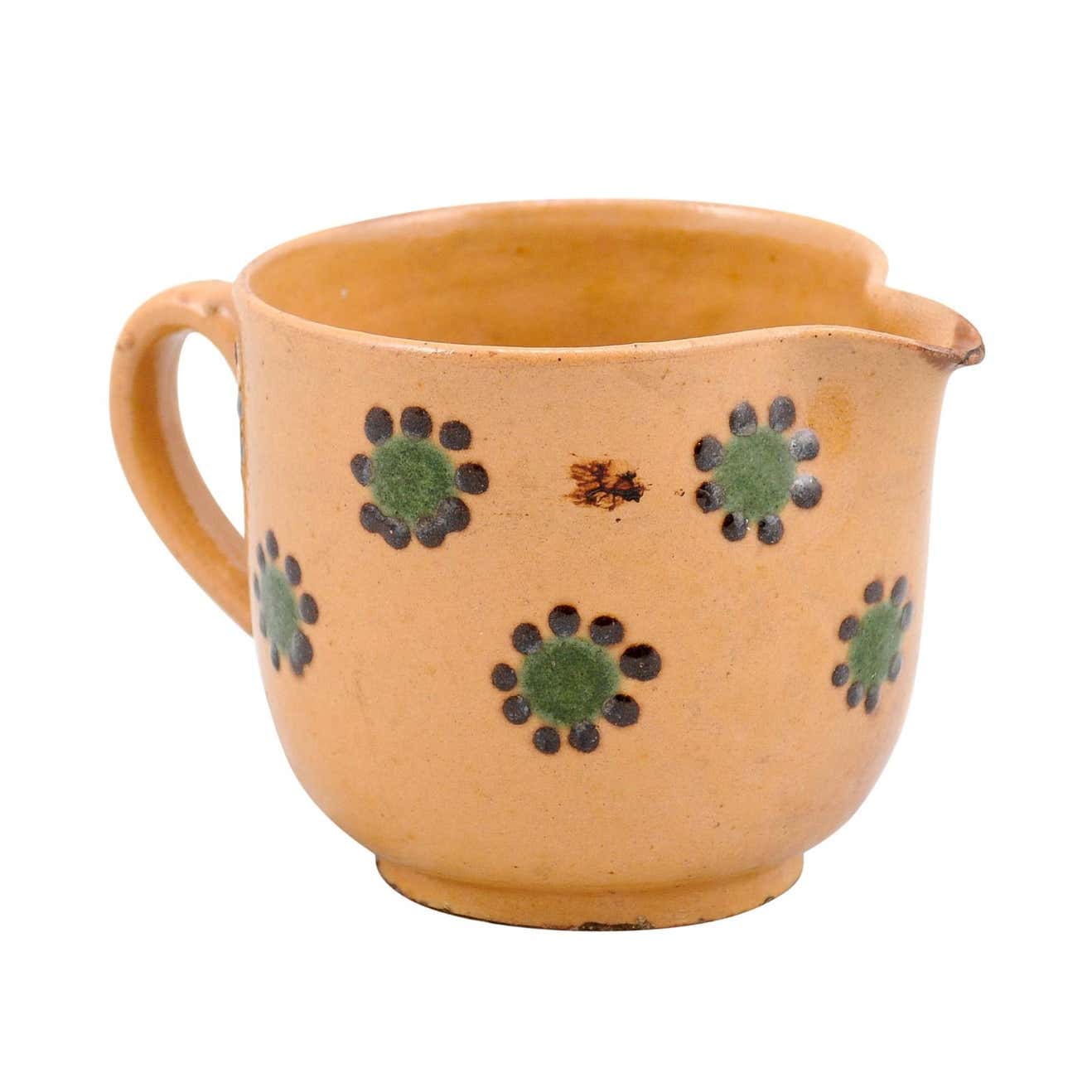 French Rustic 19th Century Peach Glazed Pitcher with Green and Chocolate Décor