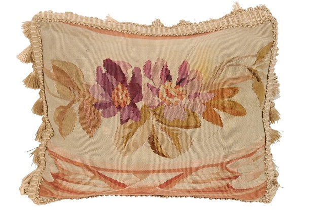 French Aubusson Tapestry 19th Century Pillow with Purple Floral Décor, Tassels