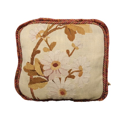 French 19th Century Floral Aubusson Tapestry Pillow with Brown Tones and Cording