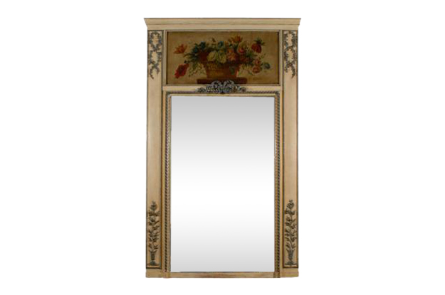 1810s French Louis XVI Style Painted and Gilt Trumeau Mirror with Floral Motifs