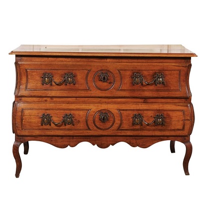 1730s French Period Louis XV Walnut Two-Drawer Commode with Bombé Side Panels