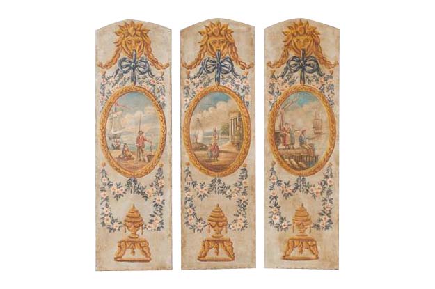 Set of Three French Vertical Oil on Canvas Louis XVI Style Decorative Panels