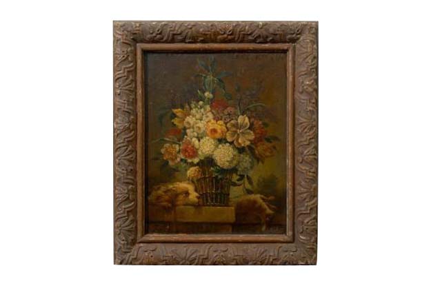 French 19th Century Framed Still-life Floral Painting with Dog and Rabbit Motifs