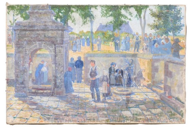 French 1890s Oil Provençal Painting of a Social Gathering in Shades of Blue