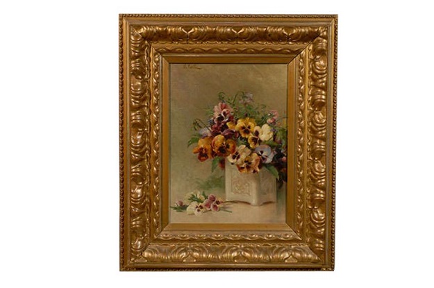 French Framed Oil on Board Still-Life Painting Depicting Pansies, 19th Century
