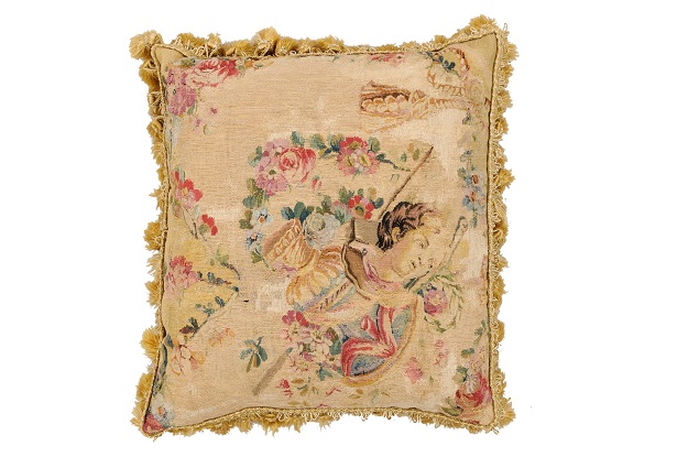 French Early 19th Century Silk and Angora Aubusson Tapestry Pillow with Bust