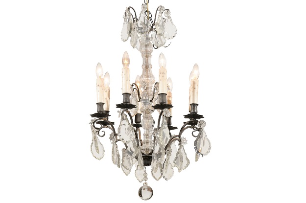 French Eight Arms Crystal Chandelier with Metal Armature from the 19th Century