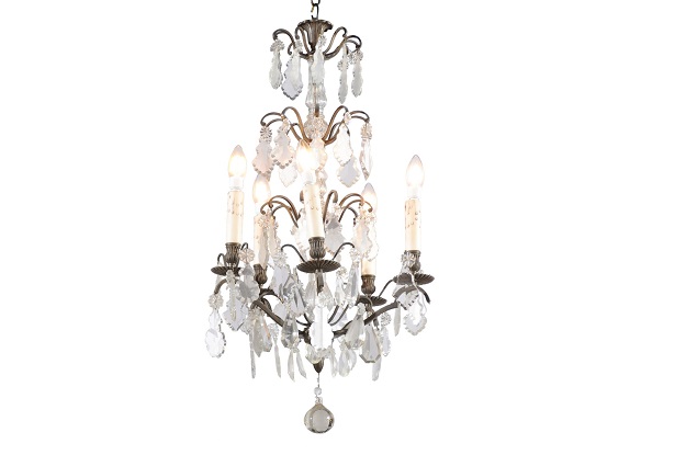 19th Century French Five-Light Iron and Crystal Chandelier with Pendeloques