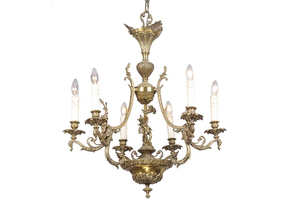 Spanish 19th Century Bronze Six-Light Chandelier with Cherubs and Floral Decor