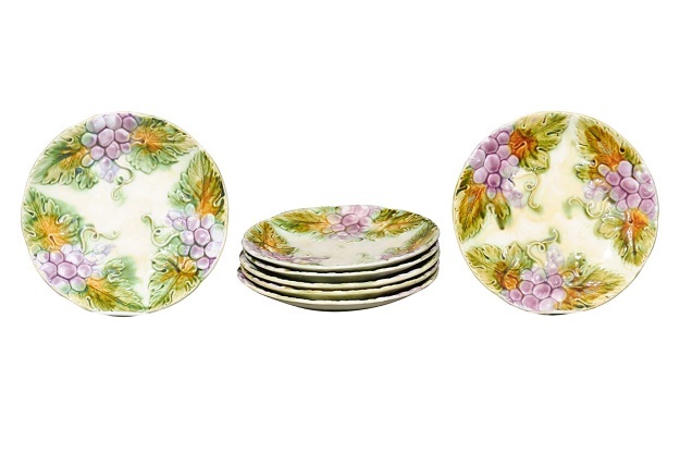 French 19th Century Majolica Grape Plates with Their Leaves, 5 Available