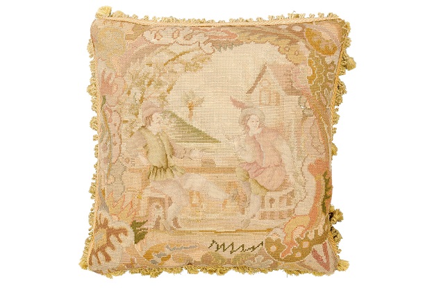 French 19th Century Aubusson Tapestry Pillow with Medieval Style Genre Scene