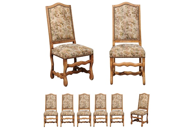 Set of Eight French Louis XIII Style Os de Mouton Walnut Dining Chairs with Tapestry