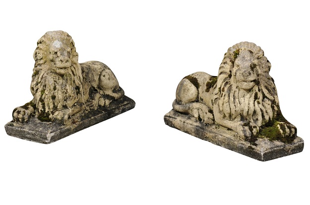 Pair of English 20th Century Composition Reclining Lion Sculptures with Patina