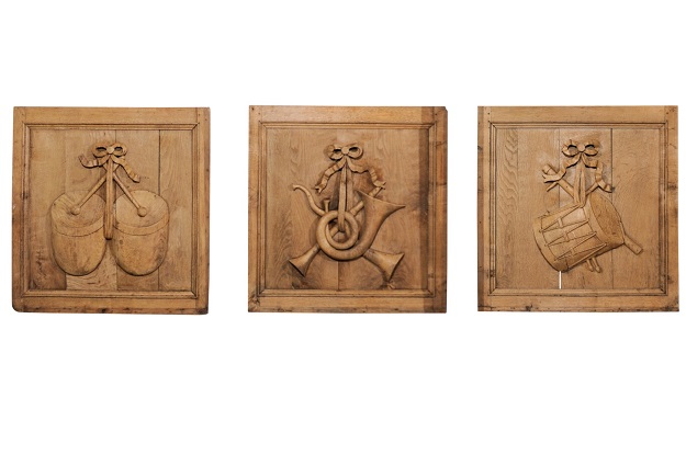 Set of Three French 19th Century Carved Oak Panels with Musical Instruments