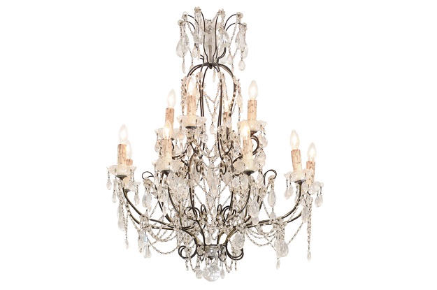 HOLD:  Italian 19th Century 10-Light Crystal and Iron Chandelier with Scrolling Arms
