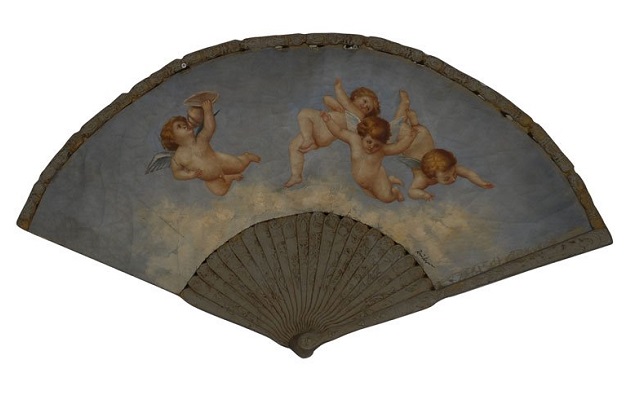 Large 19th Century French Decorative Fan with Chubby Angels on Blue Sky