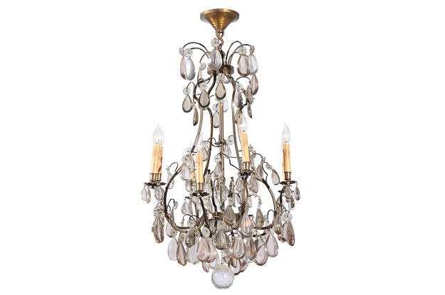 French 1890s Eight-Light Steel Chandelier with Clear and Smoky Crystals
