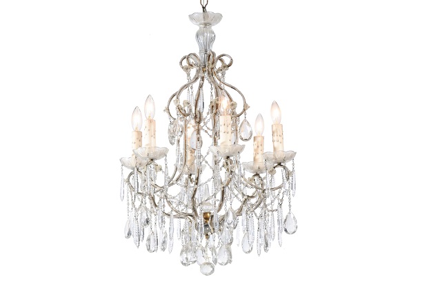 Italian 19th Century Six-Light Chandelier with Beaded Arms and Spear Crystals