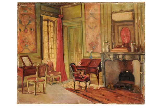 French Oil on Canvas Interior Painting Depicting a Louis XV Style Room