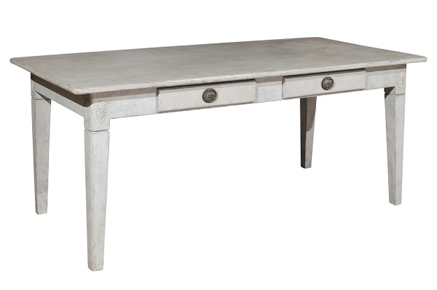 SOLD - Swedish Gustavian Style Painted Wood Table with Two Drawers, 20th Century