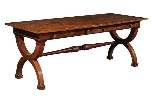 Italian 20th Century Walnut Office Table with Two Drawers and X-Form Base