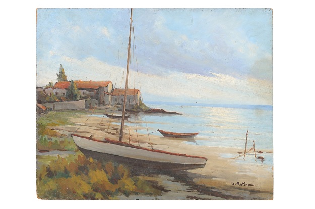 French Oil on Panel Painting Depicting a Seashore Bathed in Subtle Golden Light