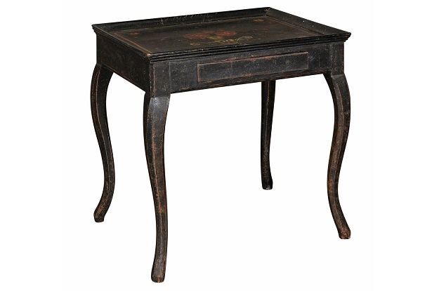 Swedish 1770s Rococo Period Ebonized Wood Tea Table with Painted Floral Decor