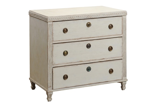 Swedish 1865 Neoclassical Style Painted Three-Drawer Chest with Guilloches